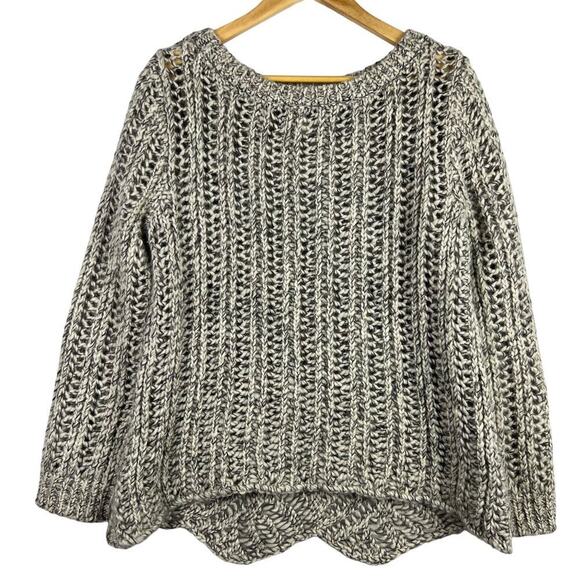 Loft L Petite Alpaca Wool Scallop Hem Chunky Gray Heather Crochet Knit Sweater - Picture 1 of 10